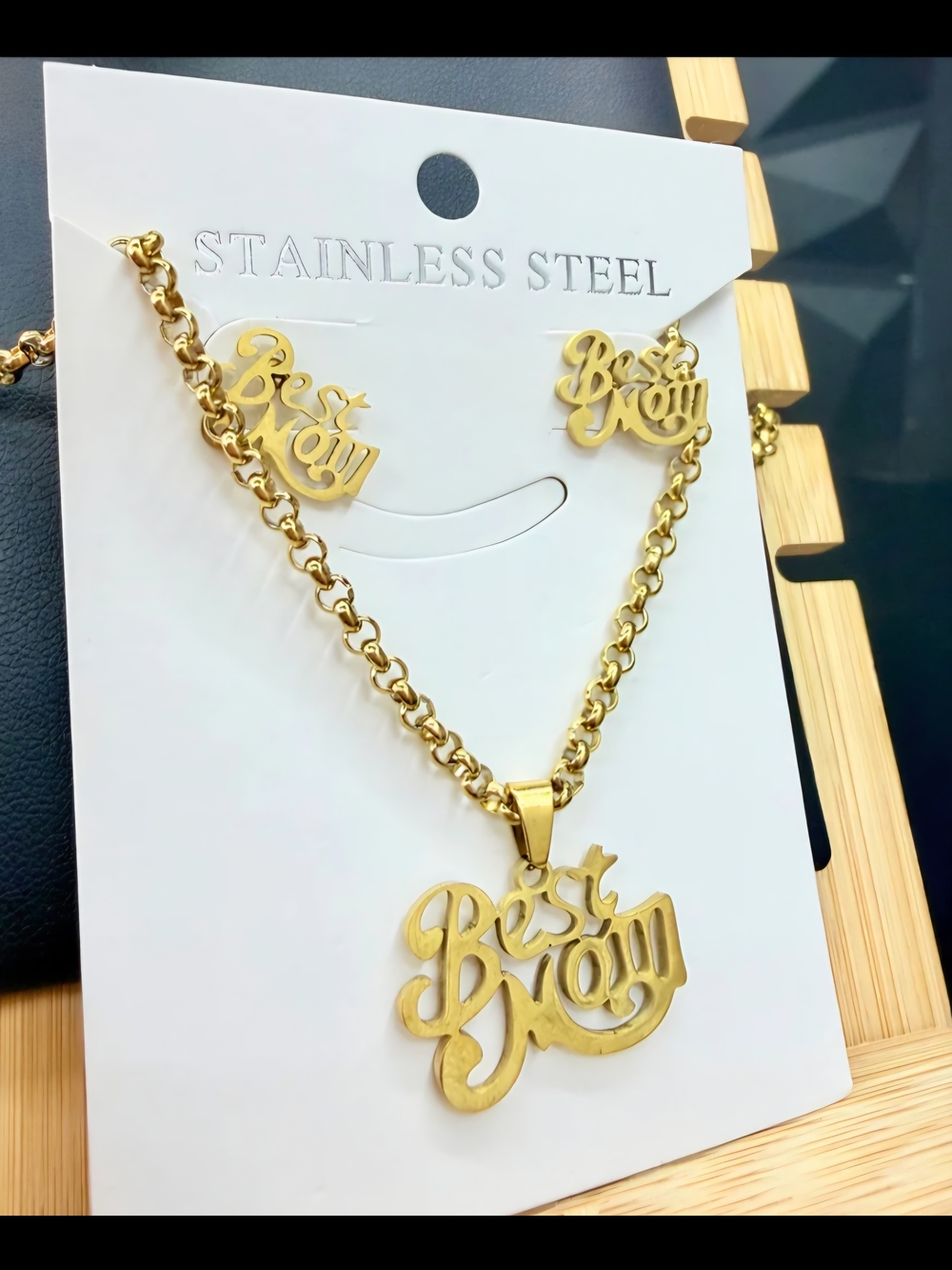 Stainless Steel "Best Mom" Gold Necklace & Earring Set